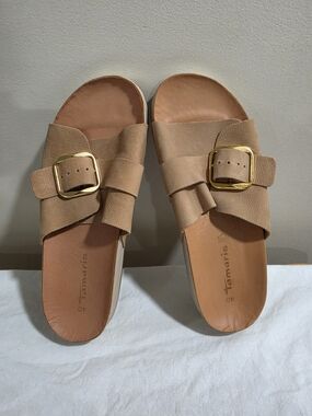 Tan Suede Slide Sandals with Gold Buckle